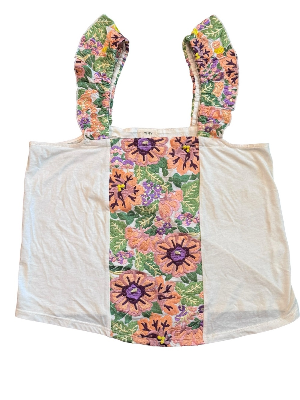 Tiny Embroidered White Tank Top with Floral Panel